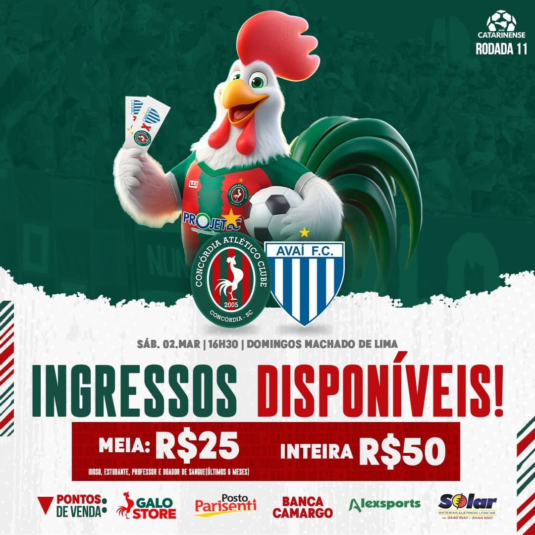 Ingressos à venda para Concórdia x Avaí pelo Catarinense DI Regional