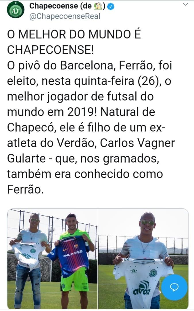 Chapecoense Ferrão é eleito o melhor jogador de futsal do mundo